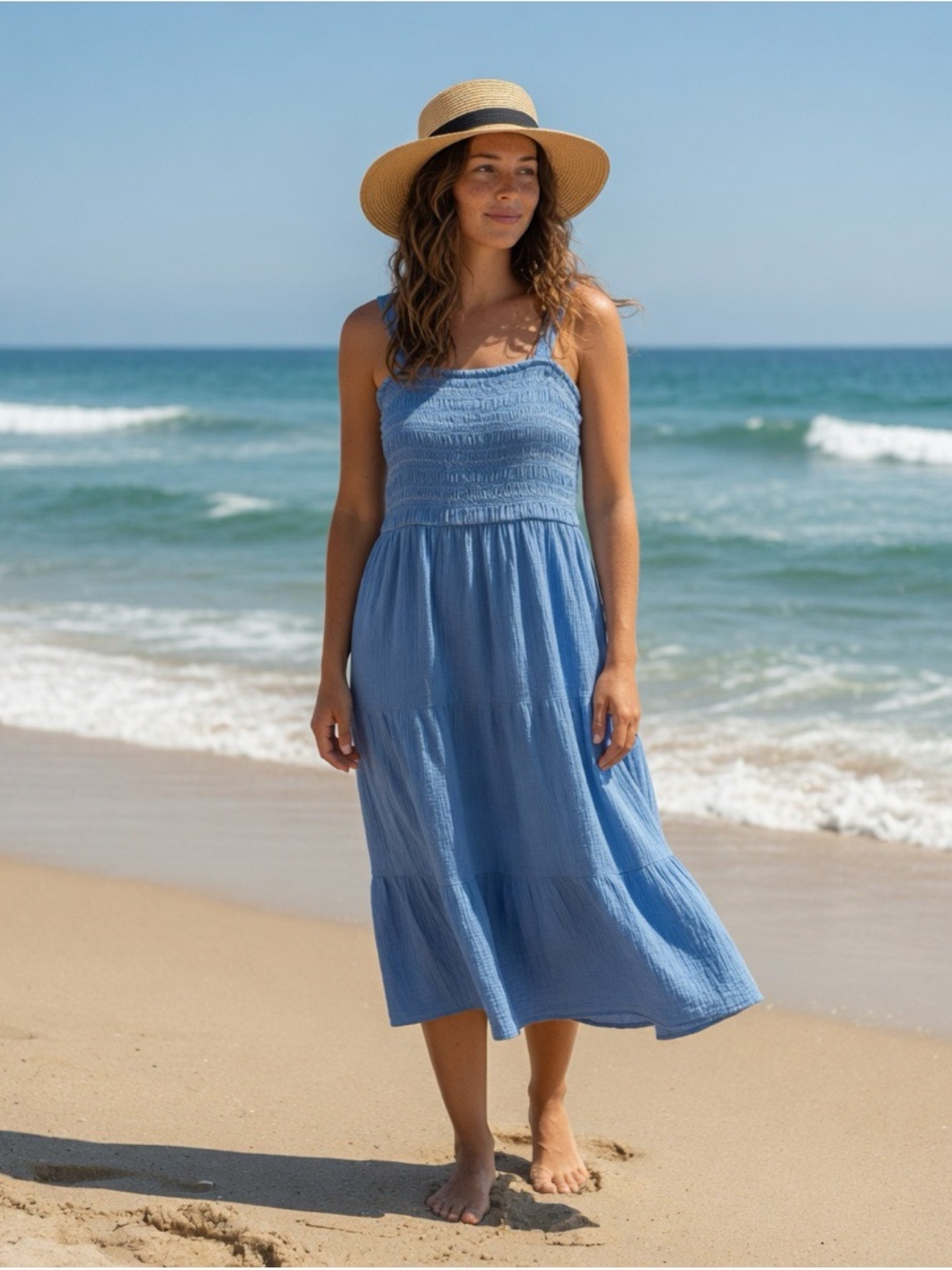 Blue Smocked Cotton Midi Dress XL Coastal Cottagecore Tiered Beach Resort Summer